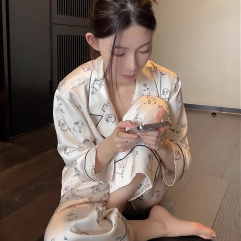 睡衣女款2024新款夏季冰丝短袖三件套春款真丝高级感长袖家居服套