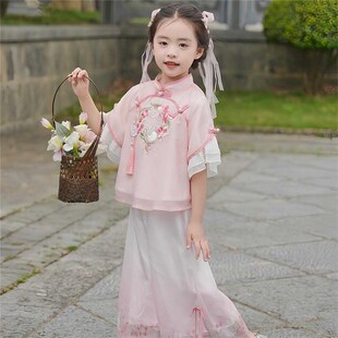 粉色兔兔女童汉服儿童唐装夏季新中式套装2024中国风休闲两件套