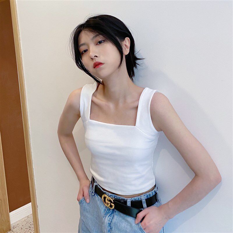 21春夏季韩版气质小方领背心内搭外穿纯色吊带女上衣白色黑色百搭