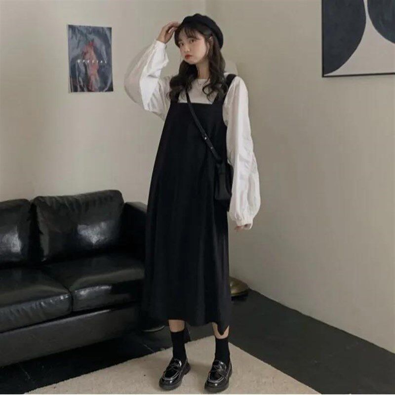 大码300斤胖mm韩版春秋显瘦连衣裙中长款学生黑色背带裙女两件套