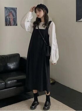 大码300斤胖mm韩版春秋显瘦连衣裙中长款学生黑色背带裙女两件套