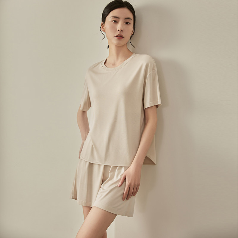 睡衣女夏季短袖短裤防凸点v免文胸家居服两件套宽松薄款可出门套