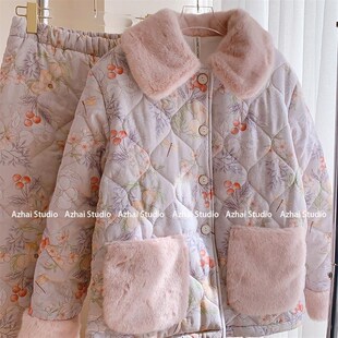 秋冬棉衣加厚加i绒三层夹棉甜美少女暖和可外穿家居服高级感睡衣