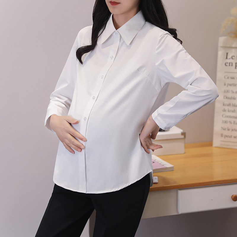 孕妇衬衣春秋季新款长袖职业装白色翻领面试工作服打底衣百搭衬衫