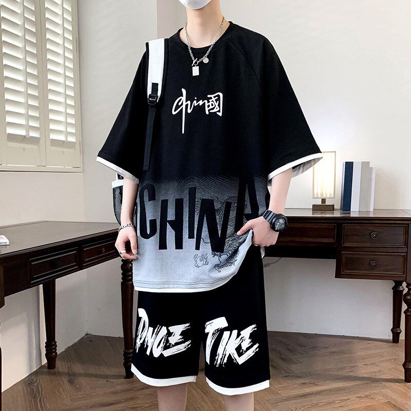 青少年短袖t恤男孩12-15岁初中学生纯棉衣服13胖大童夏季运动套装