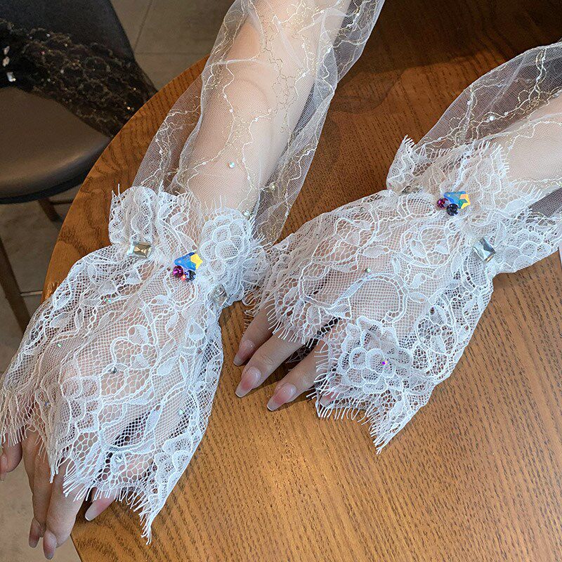 幻彩家蕾丝冰袖女~夏季镶钻遮阳袖套开车骑行护臂户外宽松长袖子
