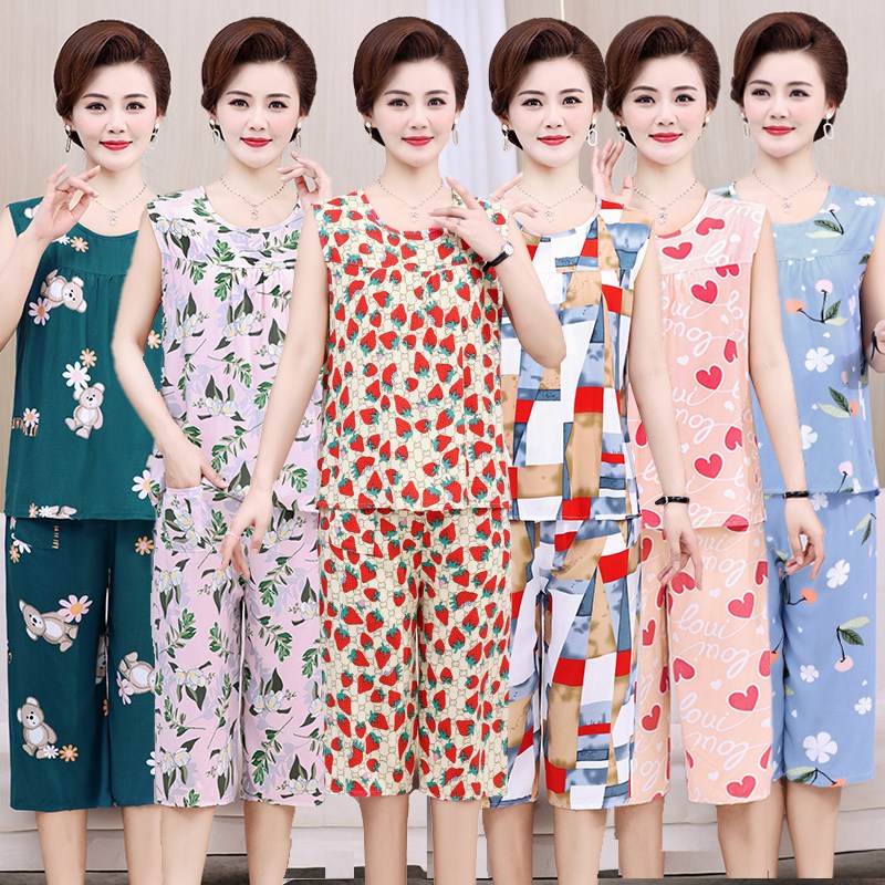 奶奶装夏装绵绸无袖居家服套装中老年妈妈背心睡衣两件套老太太薄