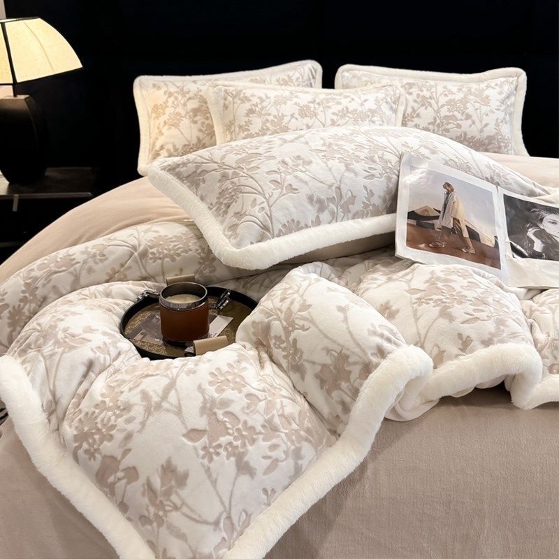 美式田园a风秋冬提花牛奶绒四件套加厚简约保暖立暖绒床单床上用