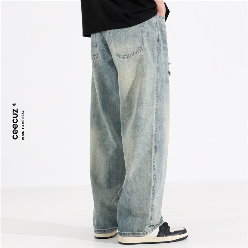 Ceecuz浅色做旧破洞牛仔裤男夏季新款黄泥水洗复古直筒阔腿长裤子