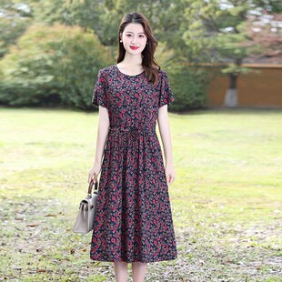 女士中长款 大码 碎花裙子 棉绸连衣裙中老年圆领短袖 50岁60妈妈夏装