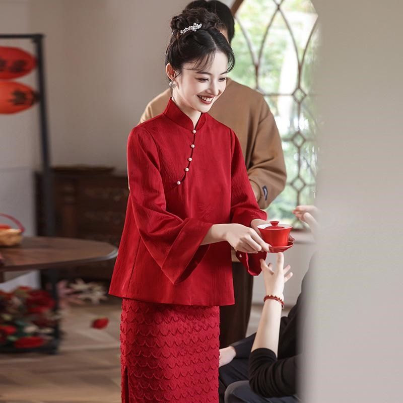 新中式敬酒服红色两件套女2024新款改良回门订婚礼服裙日常小个子