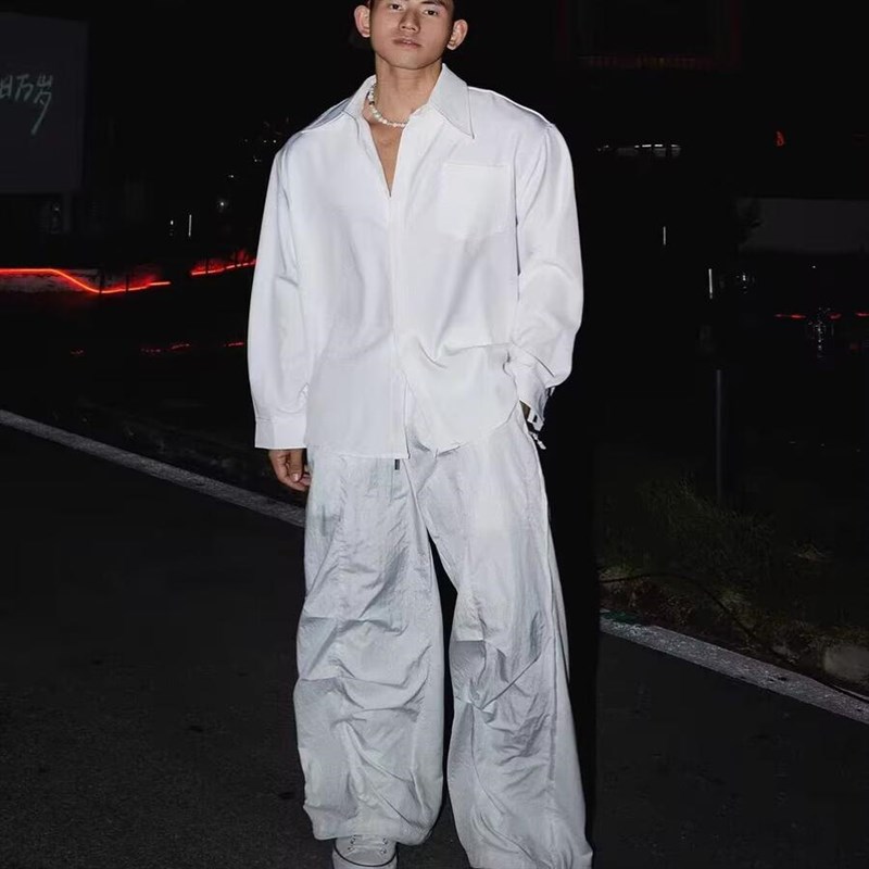 美式硬汉大领衬衫男暗扣设计感宽松长袖休闲百搭工装衬衣口袋寸衫