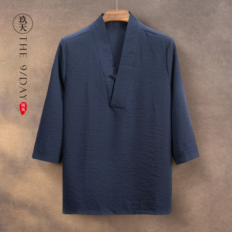 夏季新款中国风男士七分袖汉服领衬衫T恤中式茶艺师服V领盘扣道服