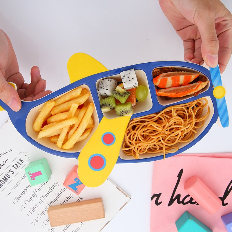 竹纤维儿童餐具餐盘分格飞机家用幼儿园吃饭碗宝宝辅食碗礼盒套装
