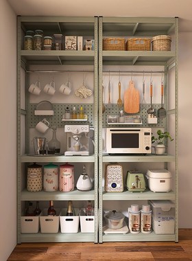 灰绿色厨房餐边柜落地多层家用橱柜置物架靠墙一体钢制储物收纳柜