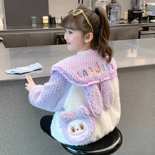 女童外套秋冬款2024新款儿童洋气时髦加绒加厚毛毛衣女孩夹棉冬装
