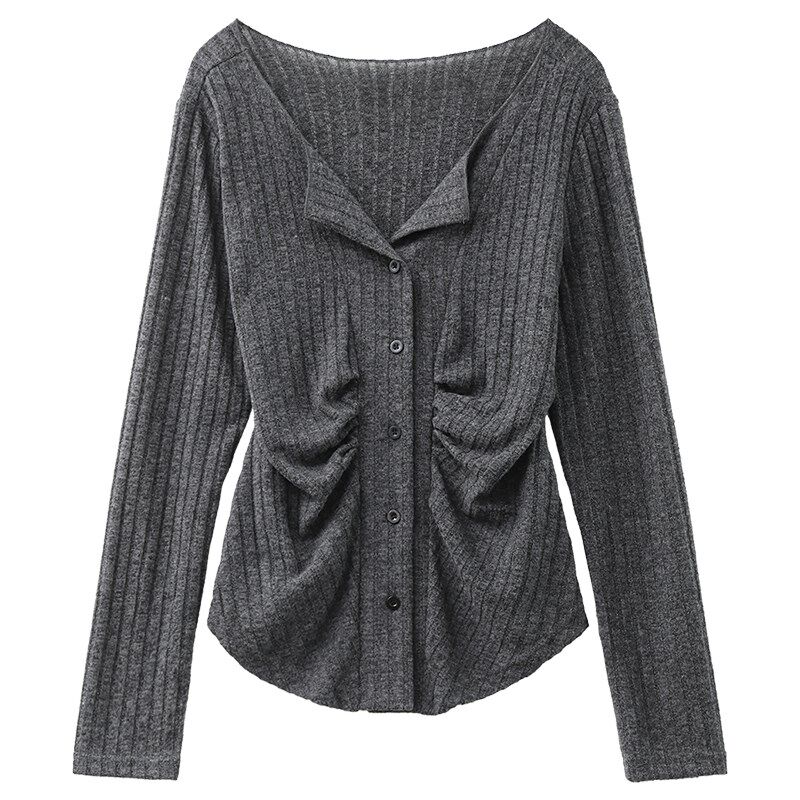 CV大码女装 冬季新款肌理收腰捏褶翻领上衣长袖内搭开衫微胖穿搭