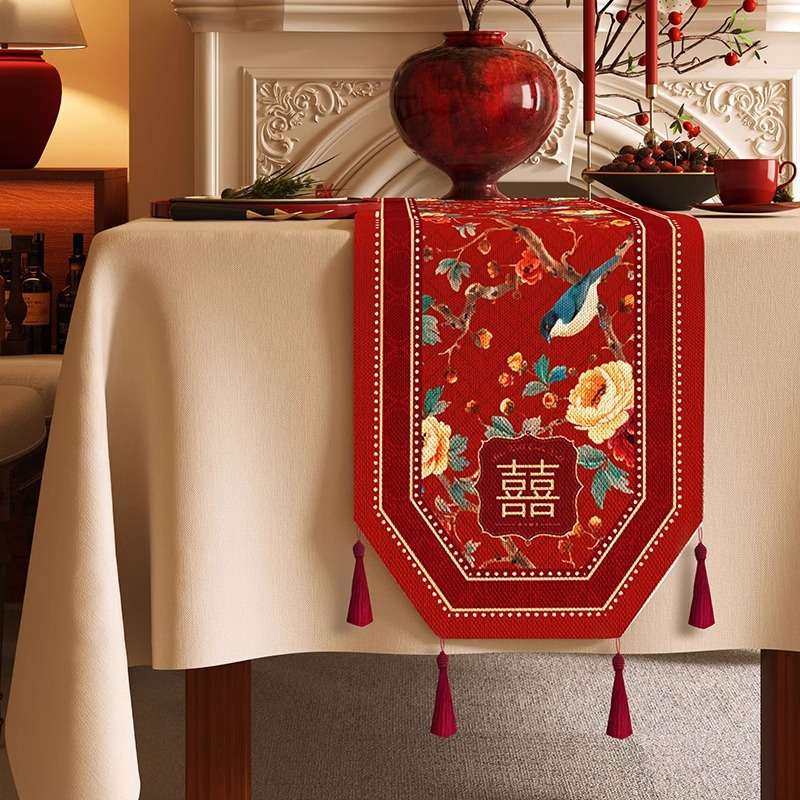 结婚桌旗喜字防水餐桌布麻感布艺电视机五斗柜盖布八角茶几布婚礼
