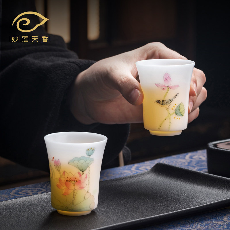 妙莲天香张丽娇i大师手绘高档主人杯情侣对杯羊脂玉瓷茶杯送礼一