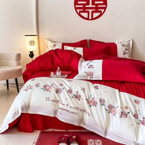 简约结婚四件套高级p感婚庆红色刺绣被套陪嫁婚房喜庆床上用品