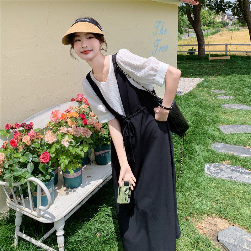 黑色设计感小众背带裙女夏季2y025新款气质假两件收腰中长款A字裙