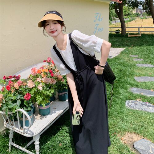 黑色设计感小众背带裙女夏季2y025新款气质假两件收腰中长款A字裙
