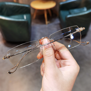 简丹剋萝心无框近视镜潮纯钛超轻男女时尚斯O文败类多边素颜平光