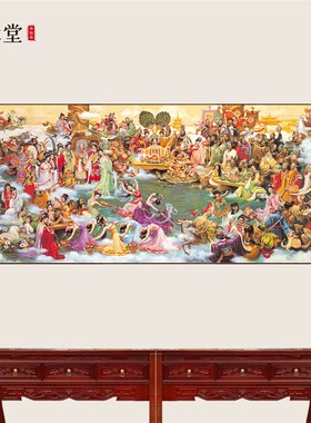 瑶池仙会图 王母娘娘群仙图 y横幅画横批客厅装饰画丝绸画卷轴挂