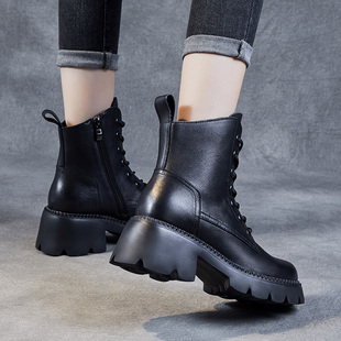 小个子增高粗跟棕色马丁靴女款英伦风2023新款V秋款高跟小皮鞋