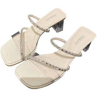 高级设计感水晶粗跟高跟拖鞋女z外穿2025年水钻一字带方头时装鞋