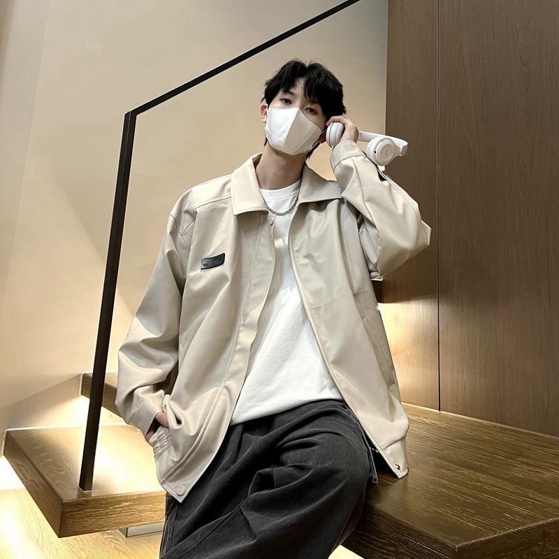 白色pu皮衣外套男春秋新款美式复古痞帅宽松高级感夹克机车服上衣