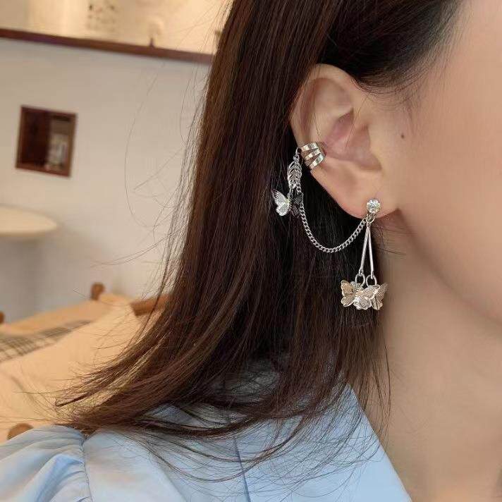 韩国网红同款少女心冷淡风酷帅超仙蝴蝶耳钉耳环耳骨夹一体