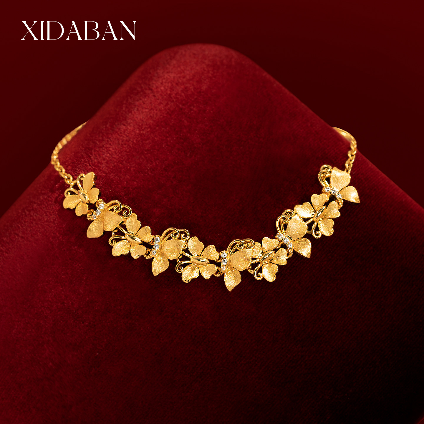 轻奢微镶锆拉丝蝴蝶手链新中式复古高级感镀24k金福蝶可抽拉手饰