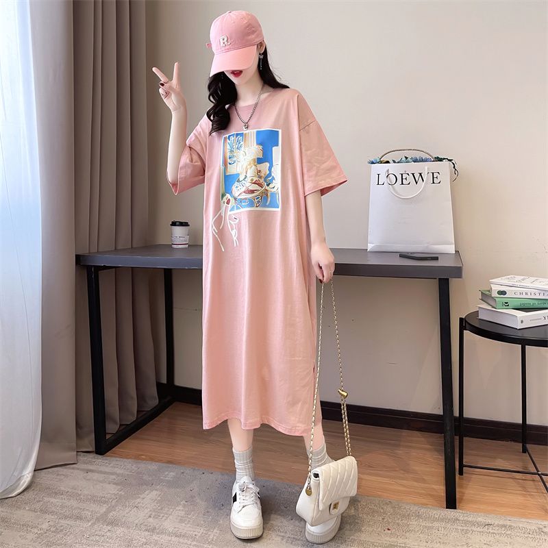 纯棉连衣裙女夏季2025新款宽松大码休闲装孕妇遮肚中长款印花裙子