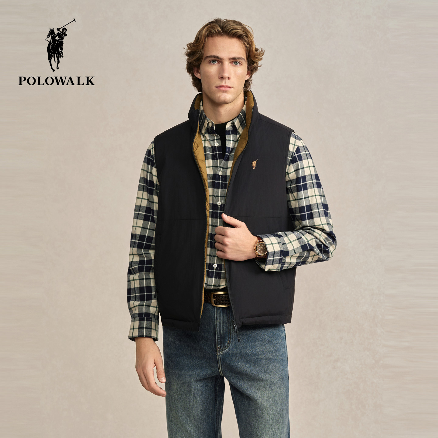 POLOWALK男式羽绒马甲2025冬季新品横线绗缝立领双面穿羽绒马甲,男装,常规马甲,淘宝优惠券,粉丝福利购,淘宝优惠卷