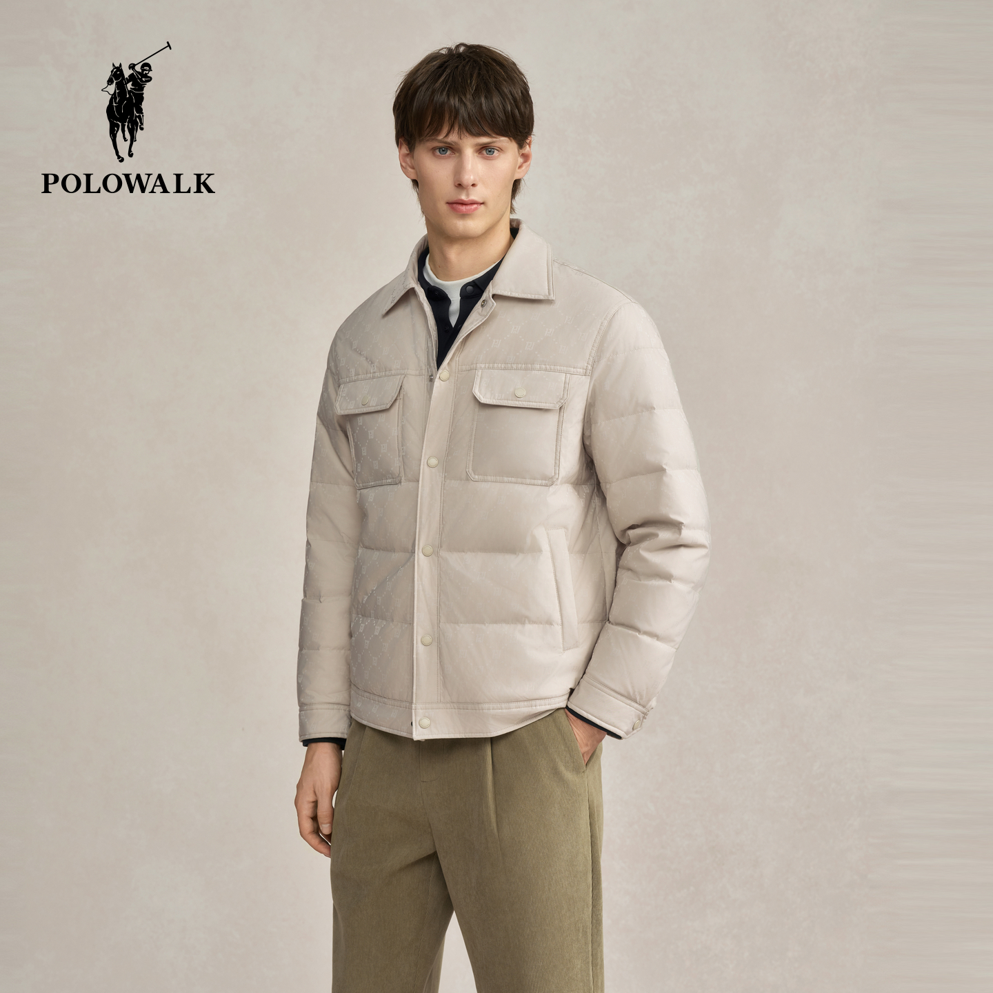 POLOWALK男式轻薄羽绒服2025冬季新品时尚印花90鸭绒翻领休闲外套