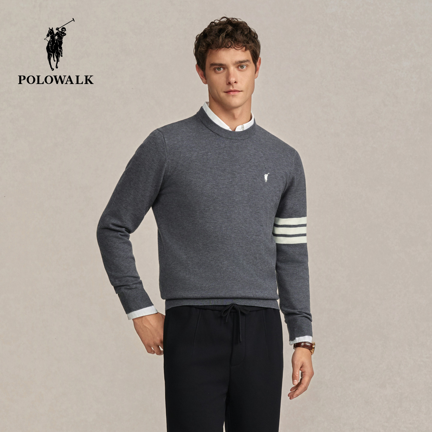 POLOWALK男式针织衫2025冬季新品经典圆领条纹内搭包芯纱套头内搭,男装,针织衫/毛衣,淘宝优惠券,粉丝福利购,淘宝优惠卷