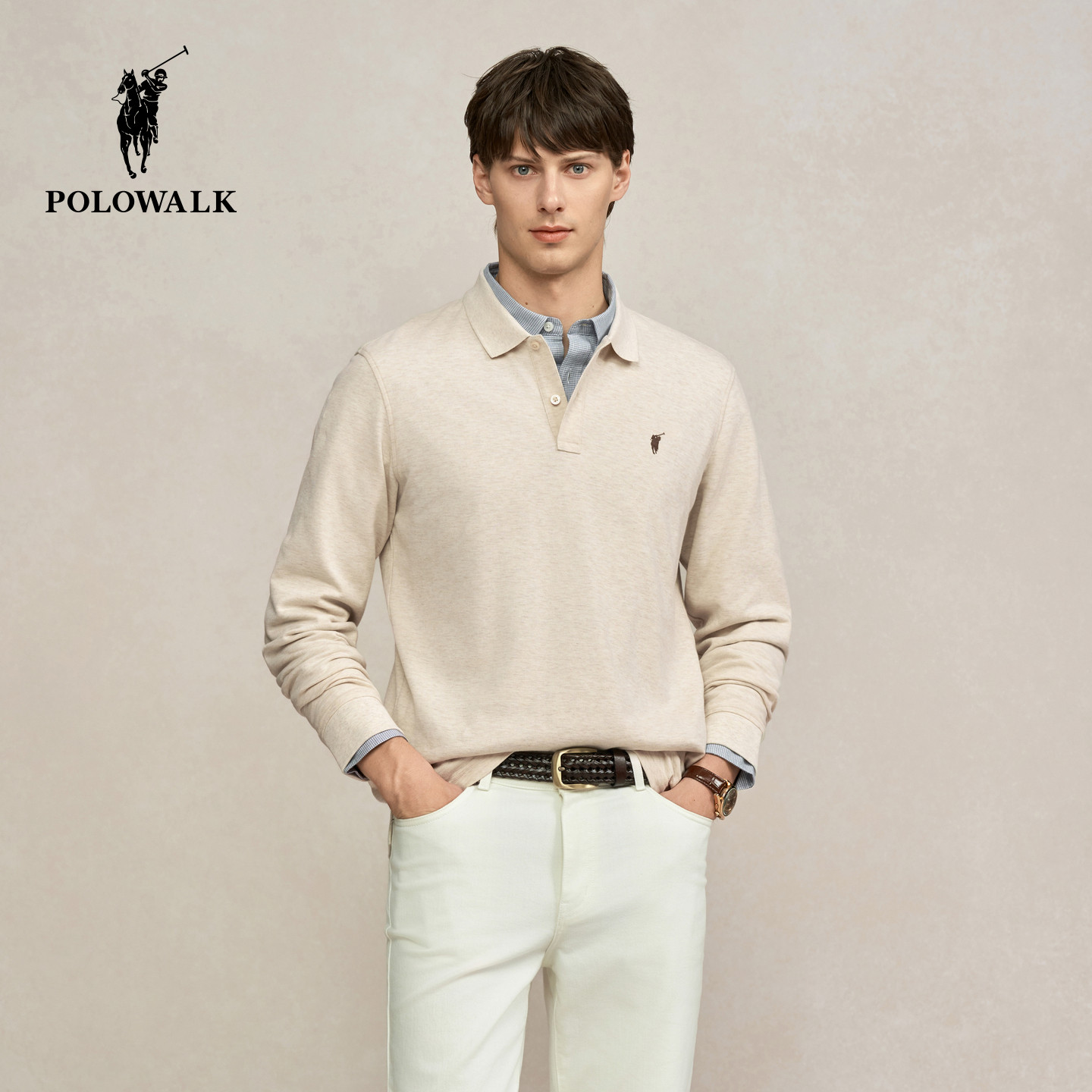 POLOWALK男式长袖T恤2026春季新品商务休闲通勤翻领内搭男装上衣