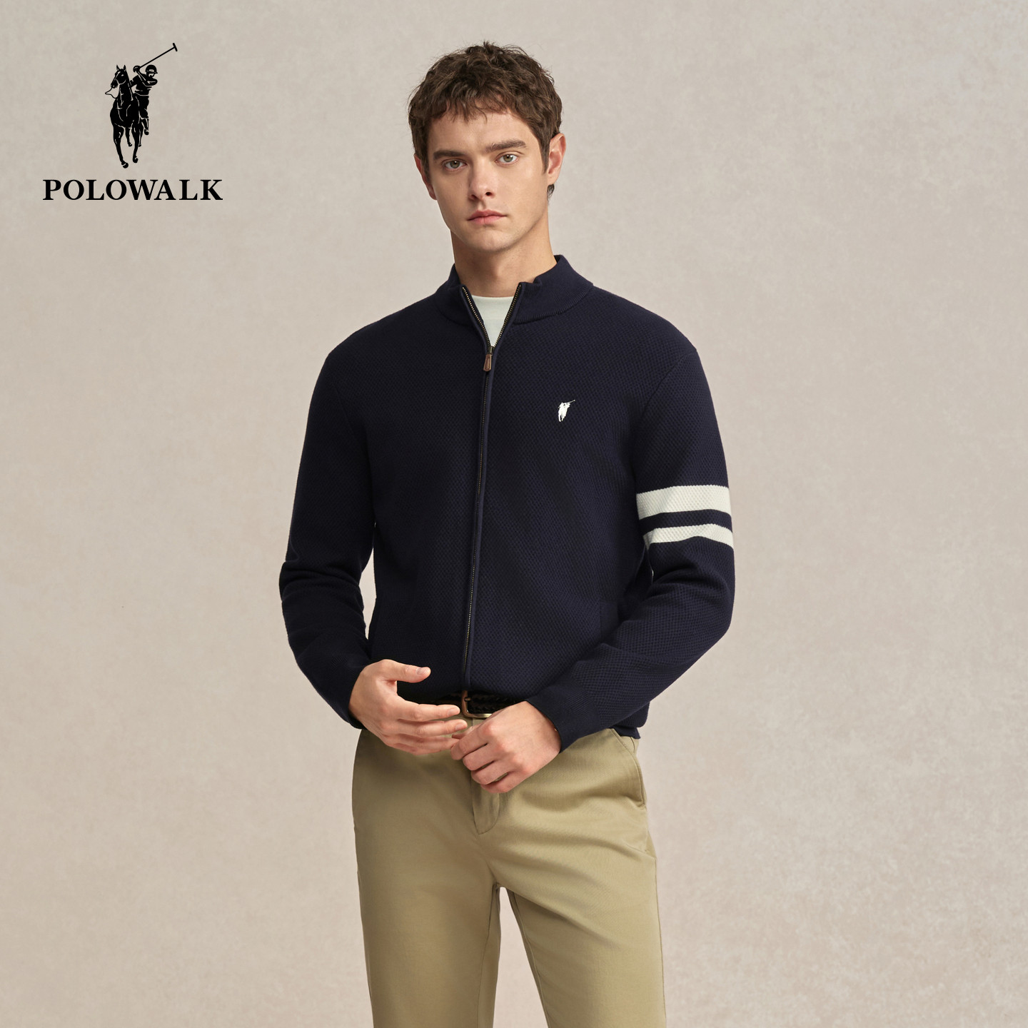 POLOWALK男式针织衫2025冬季新品简约半高领提花条纹拉链针织开衫