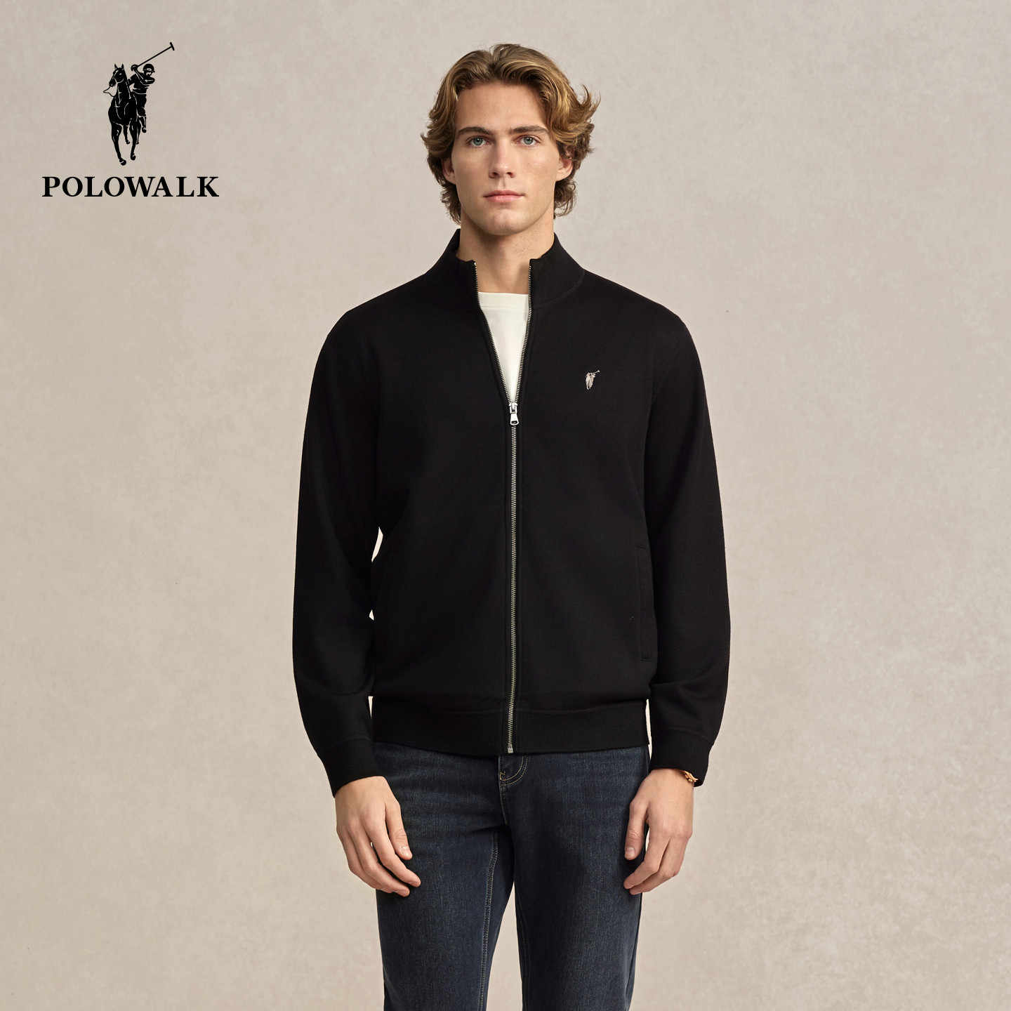 【含绵羊毛】POLOWALK男式针织衫2025冬季新品半高领加绒针织开衫