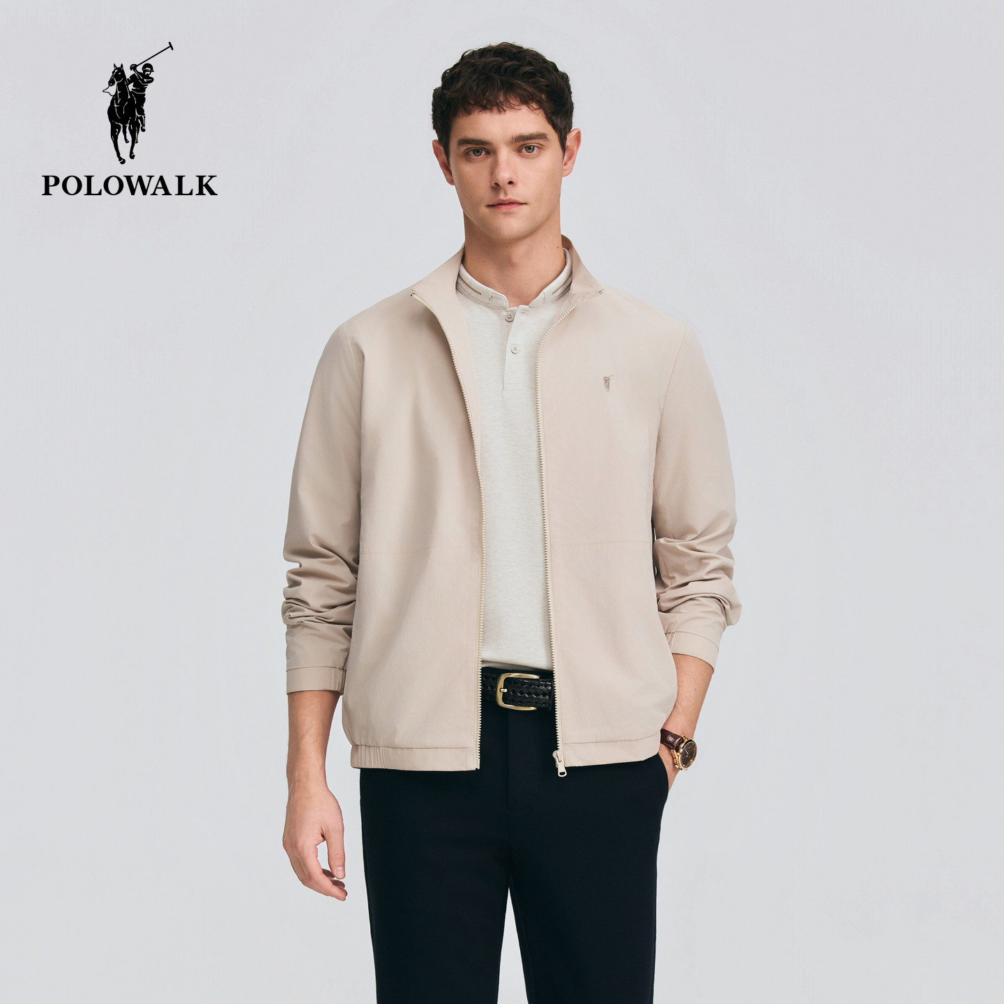 POLOWALK男式夹克2026春季新品男装立领短款商务休闲夹克拉链外套