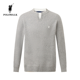POLOWALK男式针织衫2025冬季新品双层领加绒假两件休闲套头针织衫