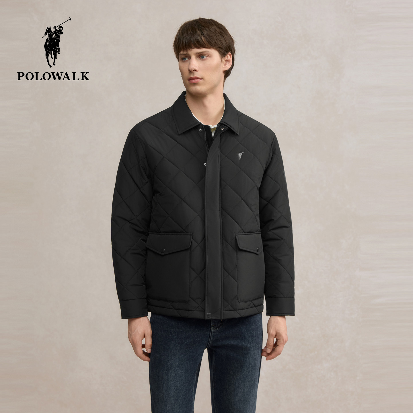 POLOWALK男式茄克2025冬季新品商务绅士夹棉翻领休闲质感外套男
