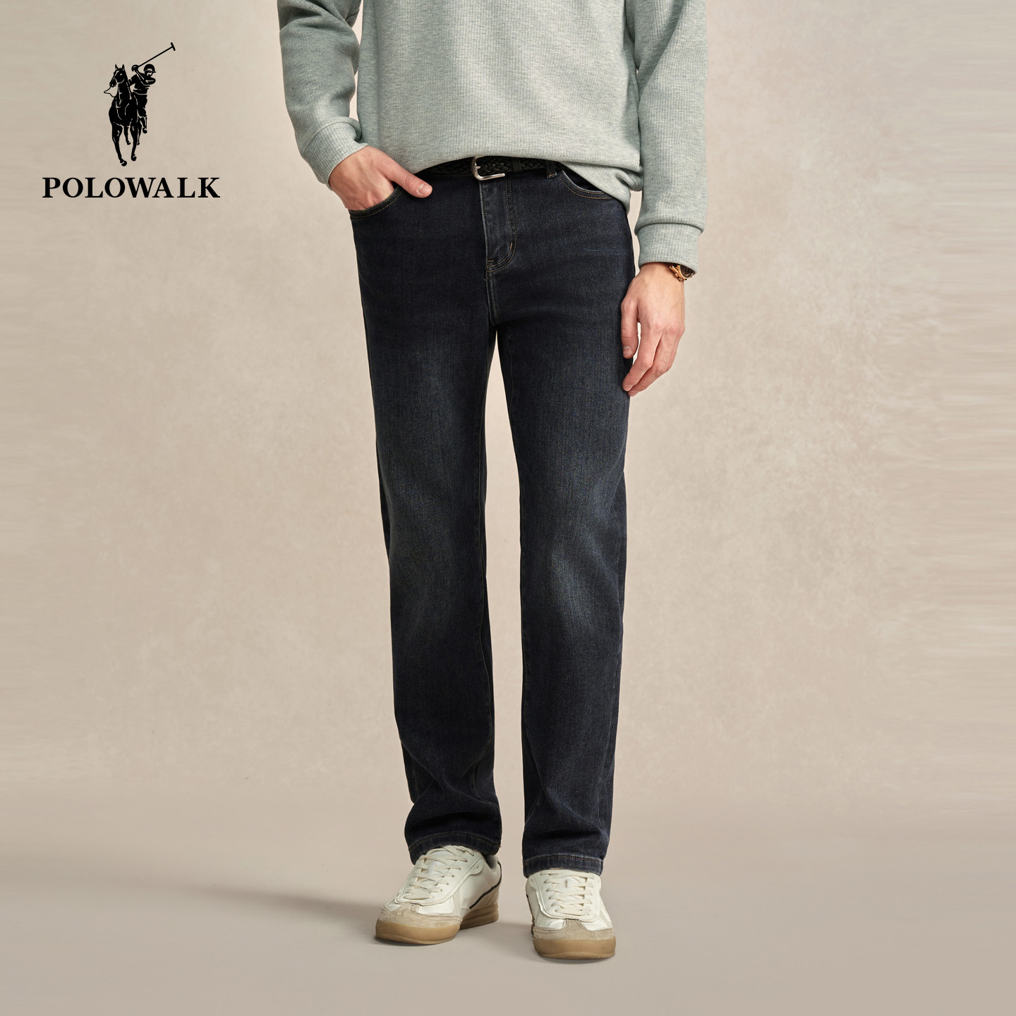 POLOWALK男式牛仔裤2025秋冬新品潮流休闲薄绒直筒通勤牛仔长裤子