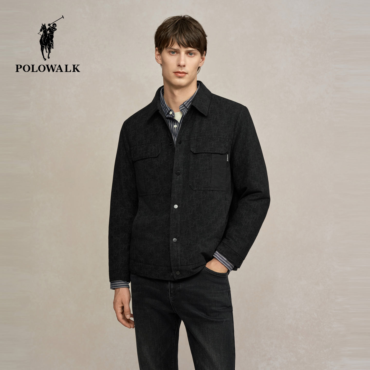 POLOWALK男式羽绒服外套2025冬季新品商务时尚印花90鸭绒翻领上衣