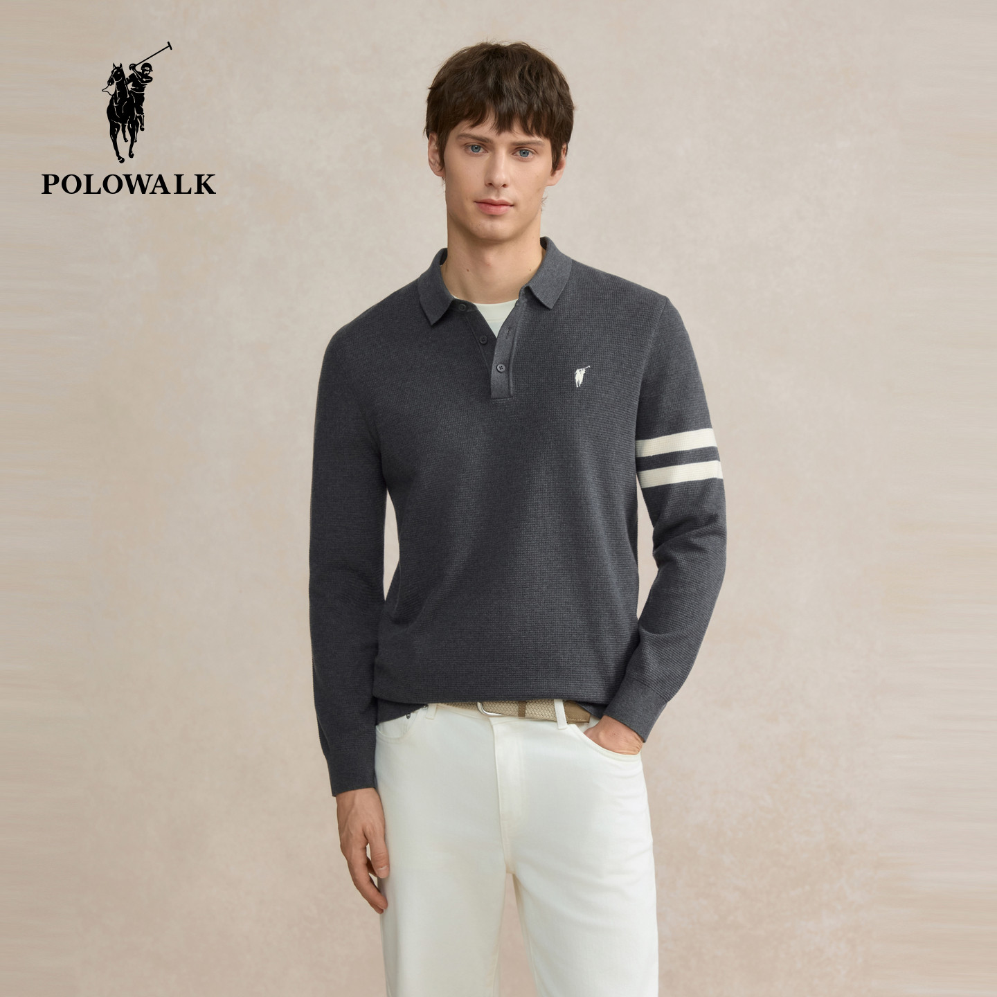POLOWALK男装针织衫2025秋季新品经典条纹翻领商务休闲开衫男式