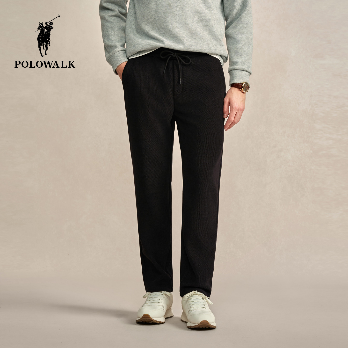 POLOWALK男式休闲裤2025冬季新品松紧腰抽绳直筒加绒卫裤休闲长裤