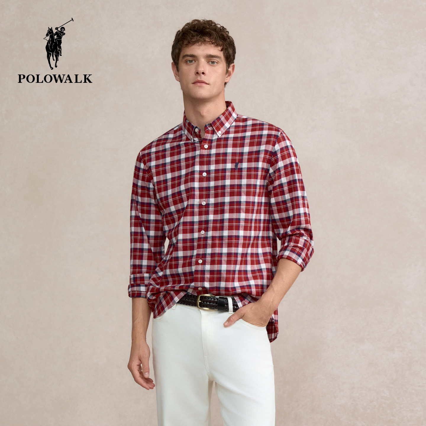 POLOWALK男装长袖衬衫2025秋季新品撞色格纹翻领男式纯棉衬衣