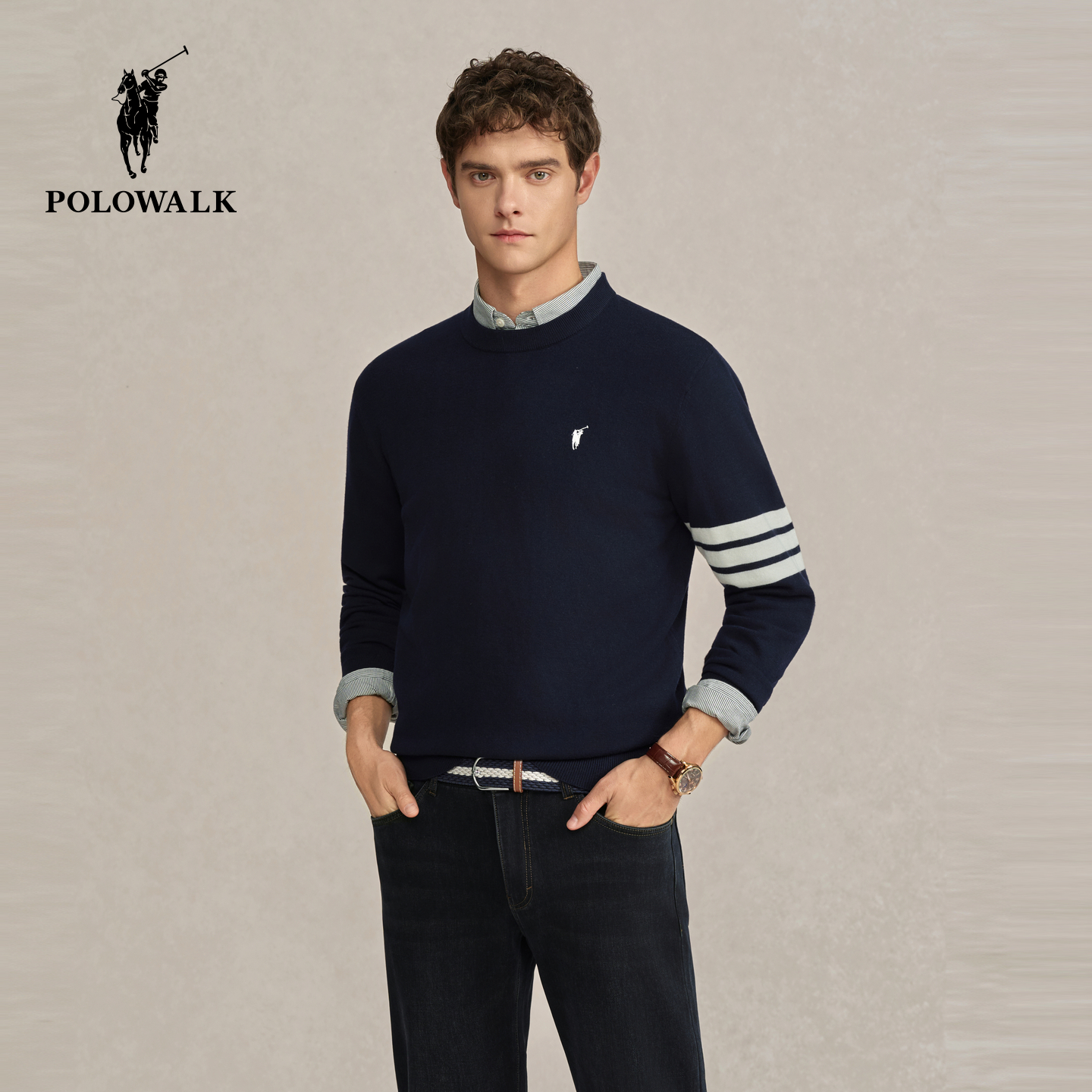 POLOWALK男式针织衫2025冬季新品经典圆领条纹内搭包芯纱套头上衣