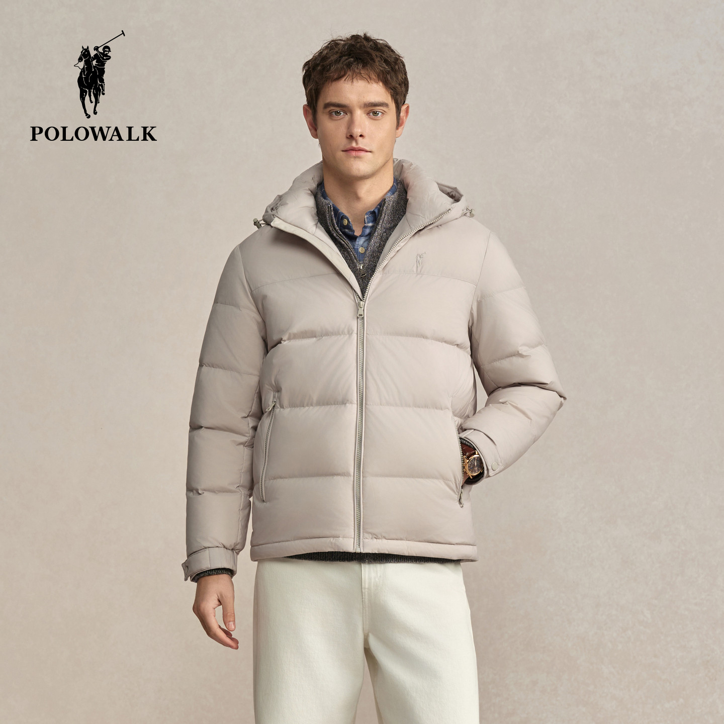 POLOWALK男式短款面包羽绒服2025冬季新品90鹅绒可拆卸连帽外套